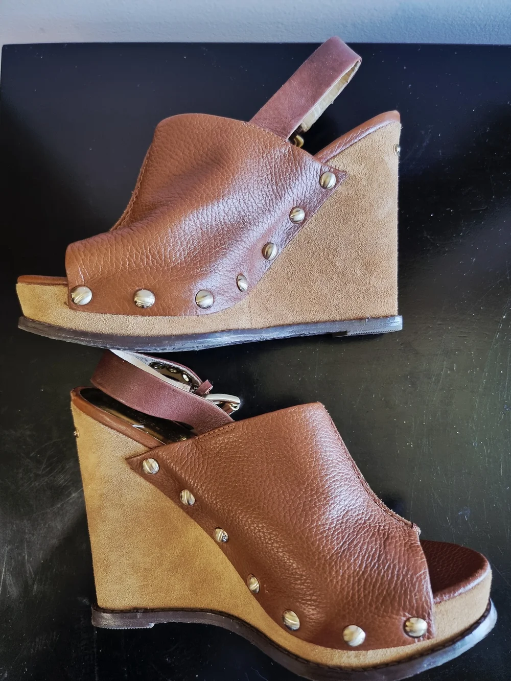 Michael Kors Brown Leather and Suede Wedge Sandals with Stud Accents